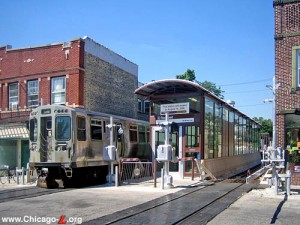 The Rockwell Brown Line stop is one of the few ground-level stops in the city.  source